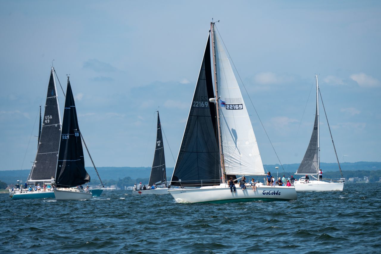 Sailboats race in a regatta on Narragansett Bay, East Greenwich, Rhode Island.