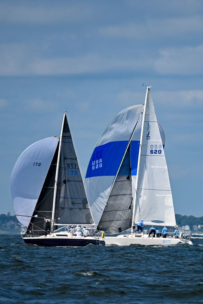 Sailboats competing in a regatta in Narragansett Bay, Rhode Island.