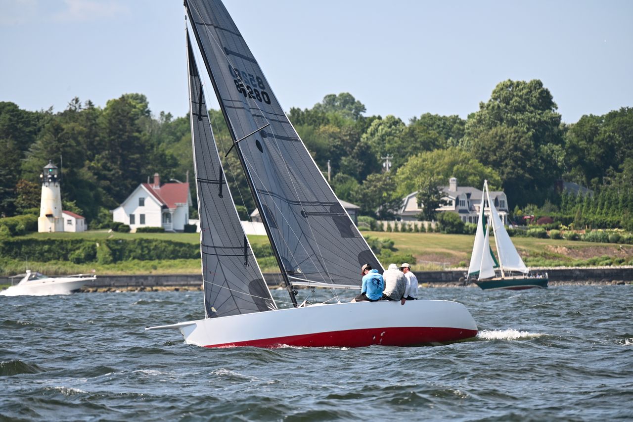 Sailboats compete in a regatta on Narragansett Bay near East Greenwich, Rhode Island.